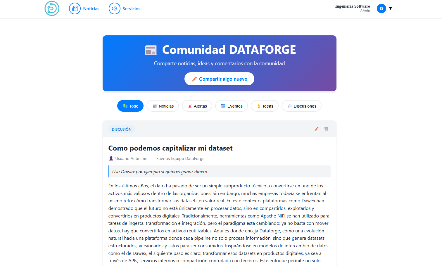 Vista de la plataforma DATAFORGE — pantalla 2